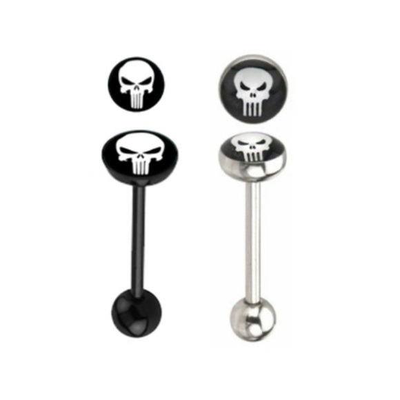 2 Punisher Logo Barbell Tongue Ring Silver and Black - Picture 1 of 3